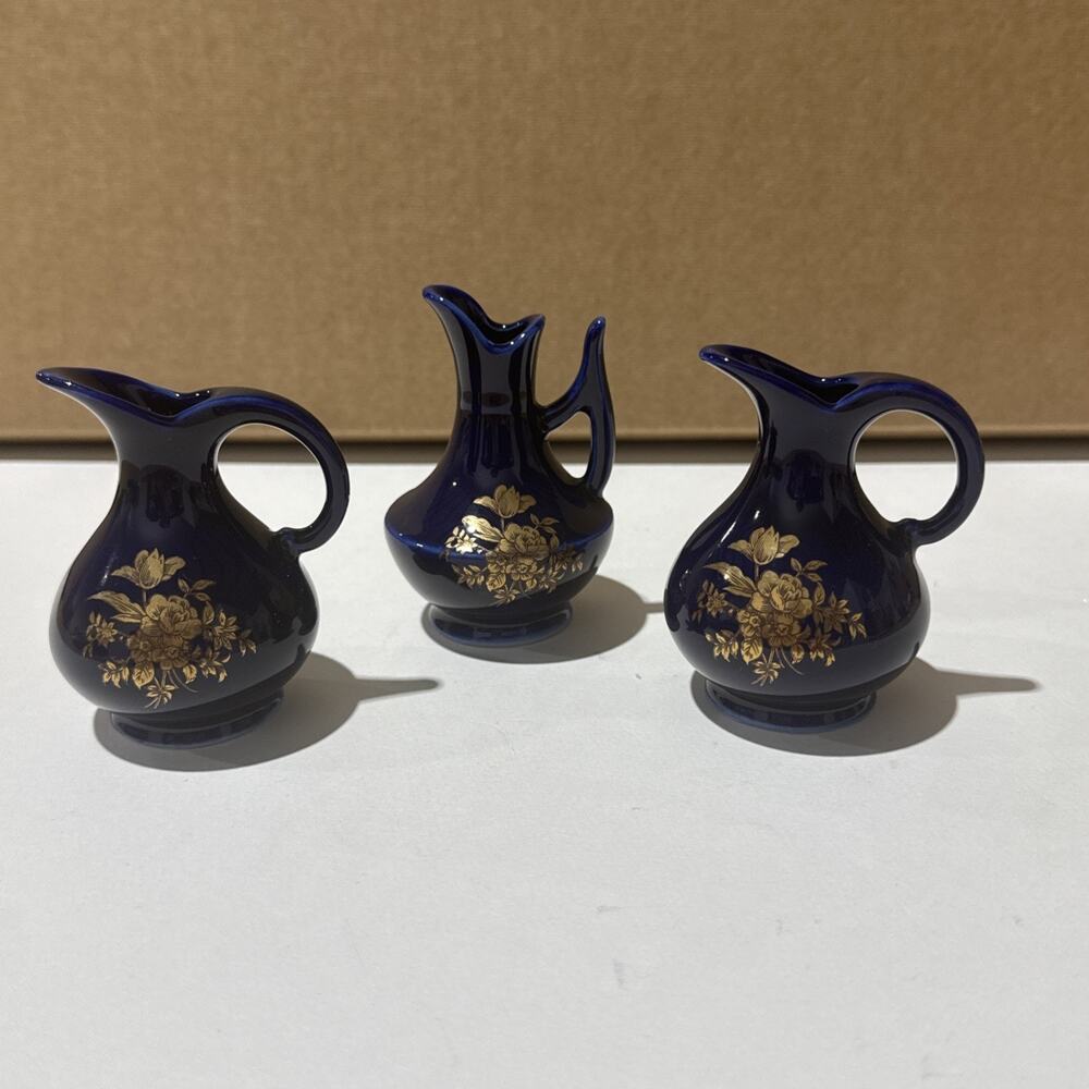 Vintage Set of 3 Cobalt Blue Mini Pitchers 3.5” Gold Floral Design Ceramic